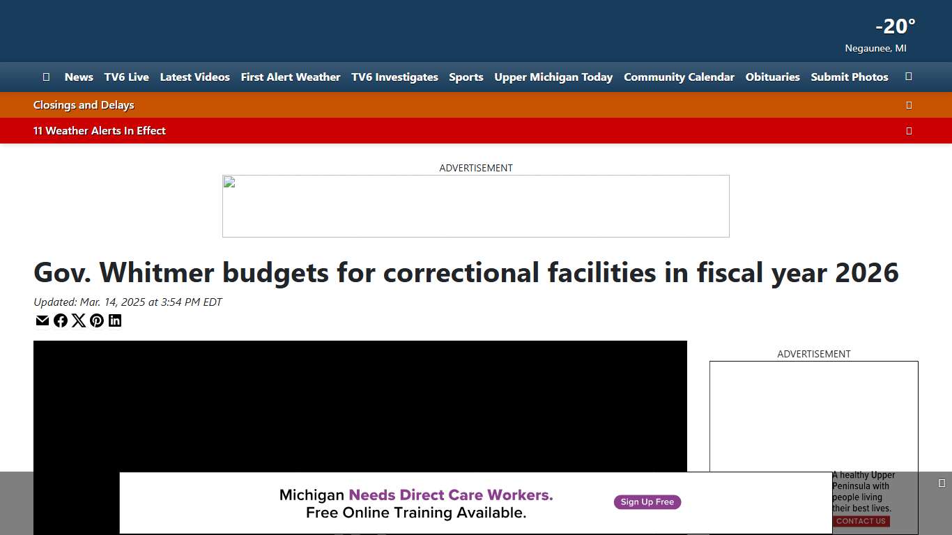 Gov. Whitmer budgets for correctional facilities in fiscal year 2026