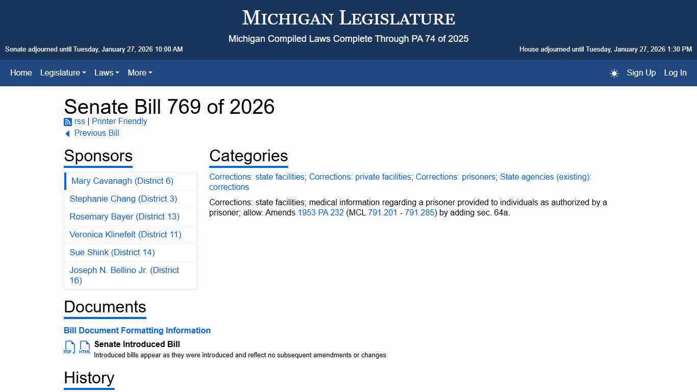 Senate Bill 769 of 2026 - Michigan Legislature